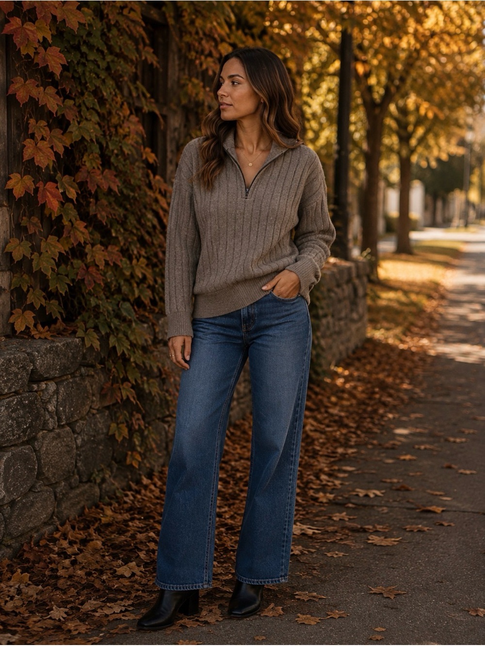 Jason Wu Ribbed Half-Zip V-Neck Sweater in Taupe